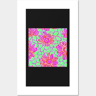 Pink and green preppy flowers and lattice Posters and Art